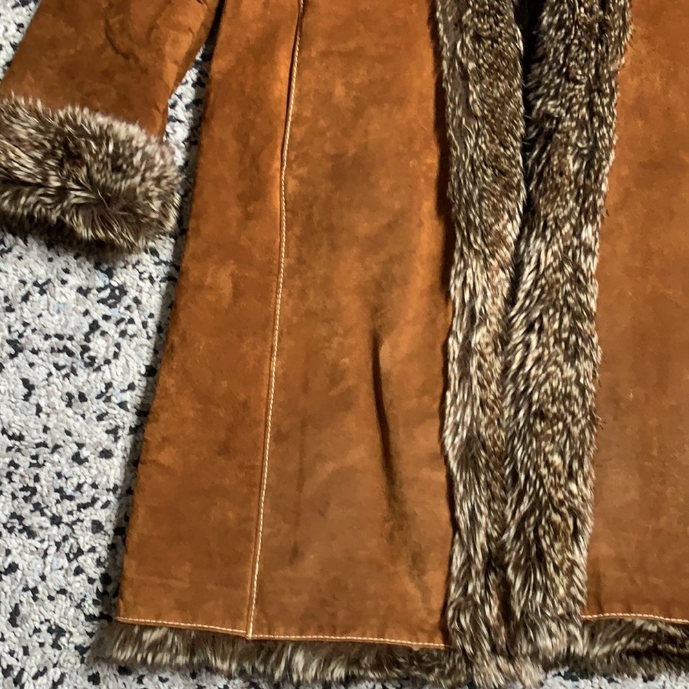 Marvin Richards Vintage Brown Leather Lined Fur Trim Long Coat XL - Picture 11 of 13